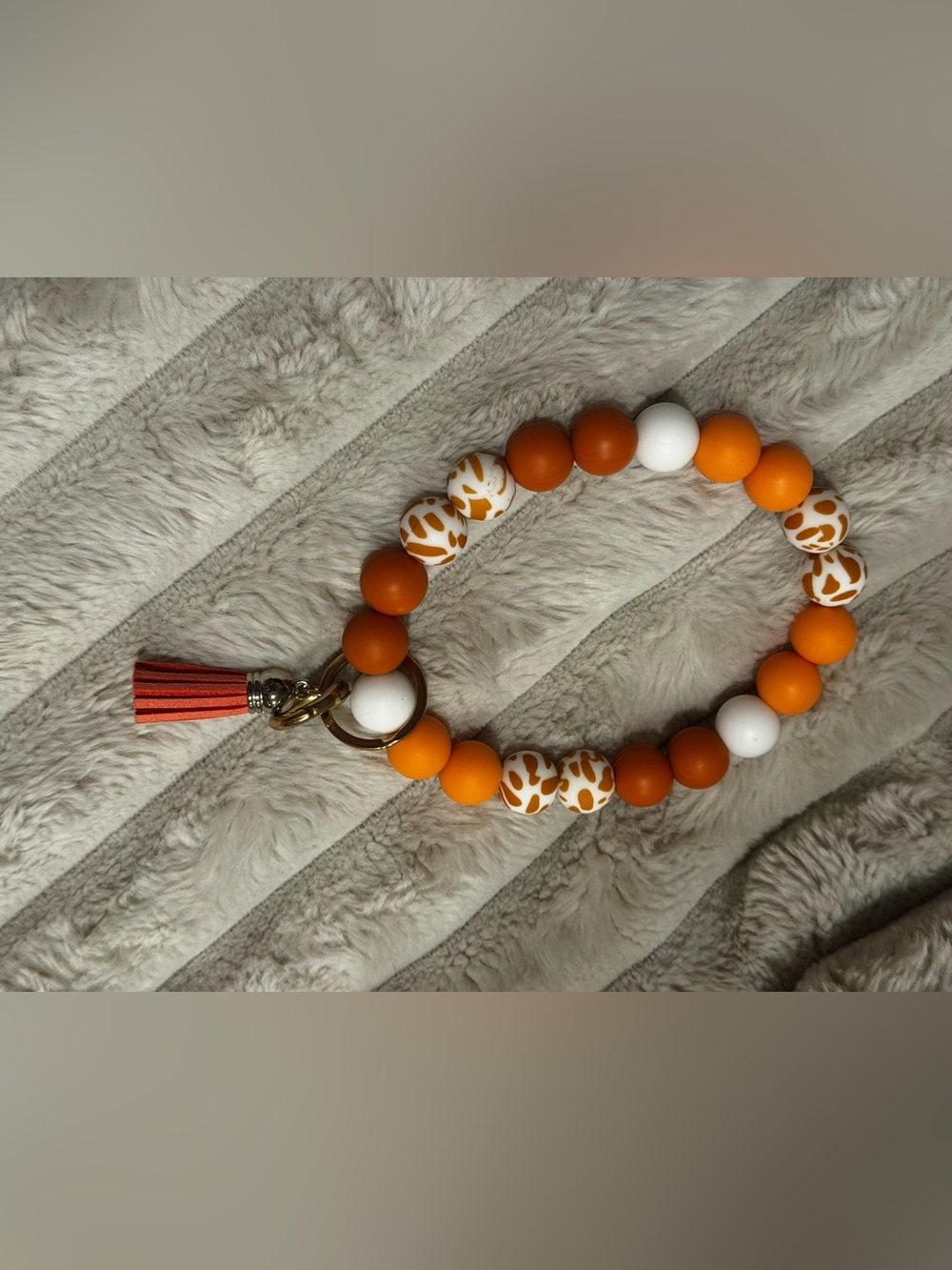 Beaded Wristlet Keychain in Orange and White